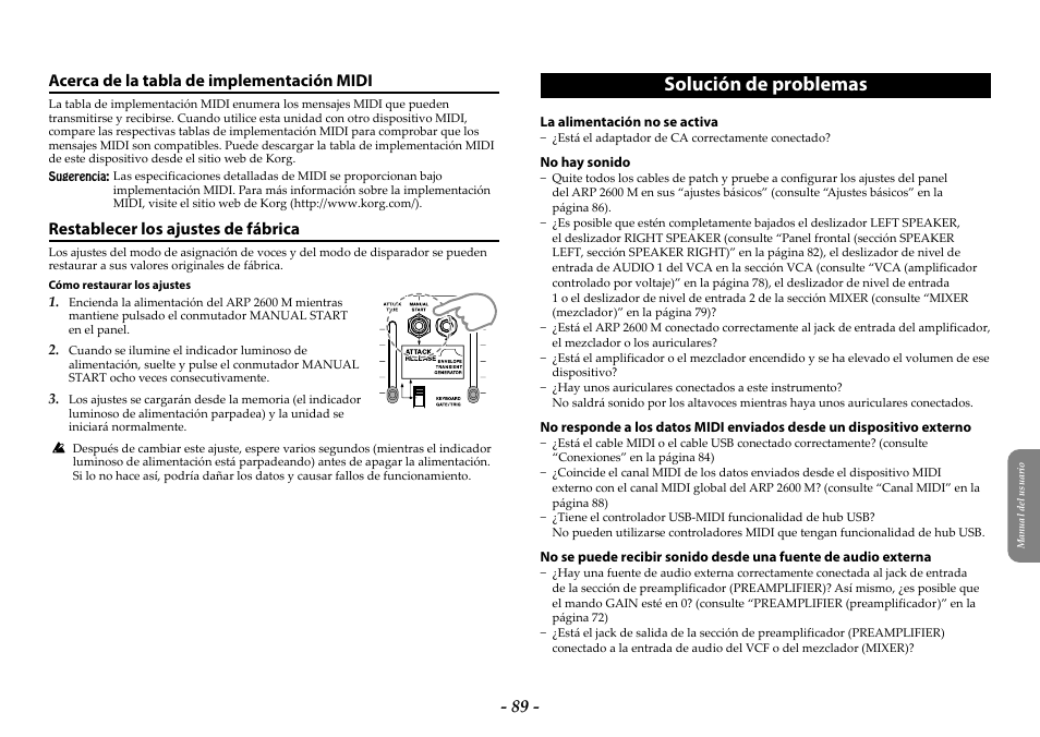 Acerca de la tabla de implementación midi, Restablecer los ajustes de fábrica, Solución de problemas | KORG ARP 2600 M Analog Synthesizer Module with Carrying Case User Manual | Page 89 / 116