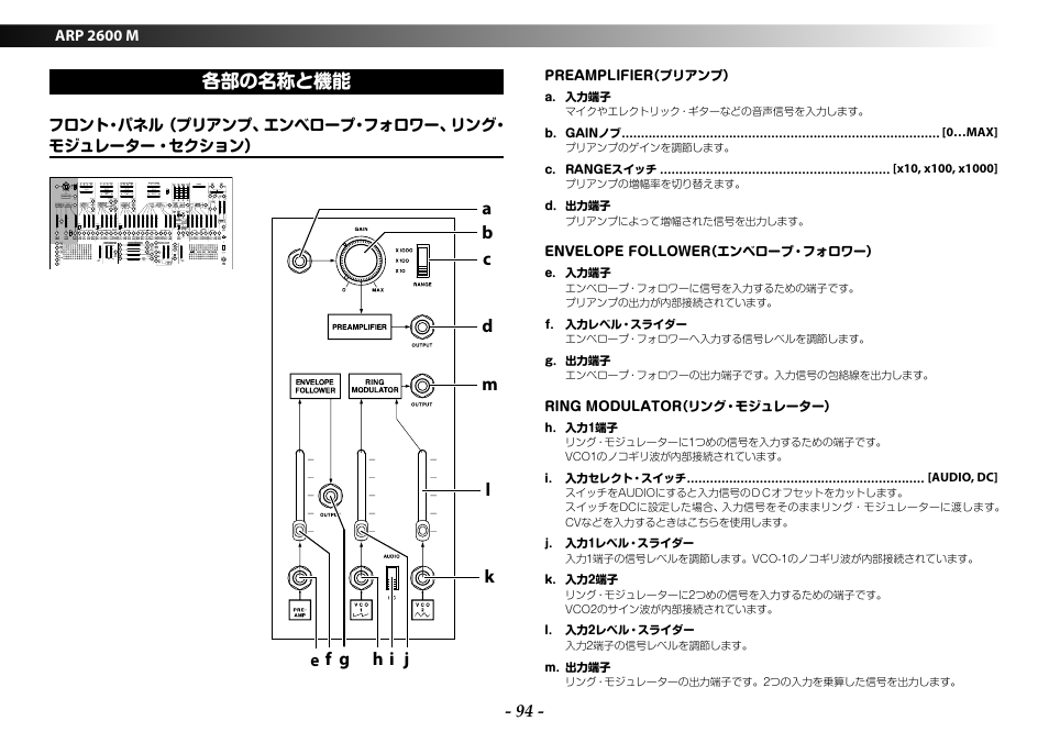 各部の名称と機能, フロント・パネル （プリアンプ、エンベロープ・フォロワー、リング・モジュレーター・セクション | KORG ARP 2600 M Analog Synthesizer Module with Carrying Case User Manual | Page 94 / 116