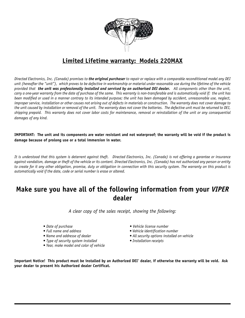 Limited lifetime warranty: models 220max | Directed Electronics 220MAX User Manual | Page 3 / 9