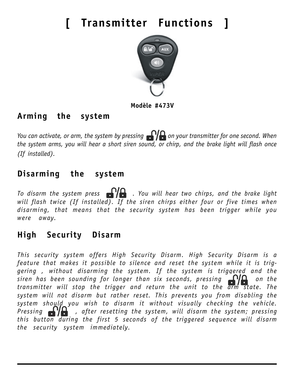 Transmitter functions, Arming the system, Disarming the system | High security disarm | Directed Electronics 220MAX User Manual | Page 5 / 9