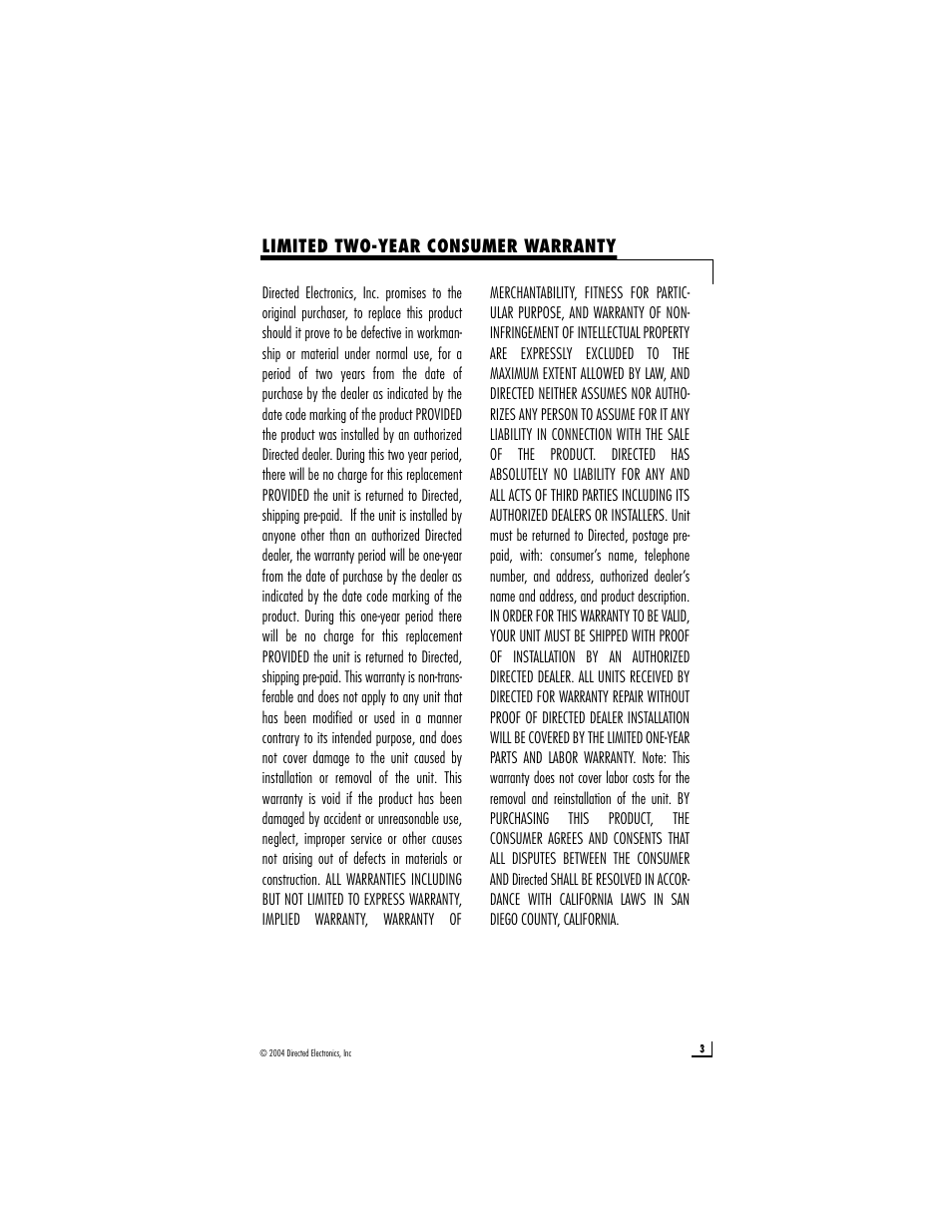 Limited two-year consumer warranty | Directed Electronics A1004 User Manual | Page 3 / 23