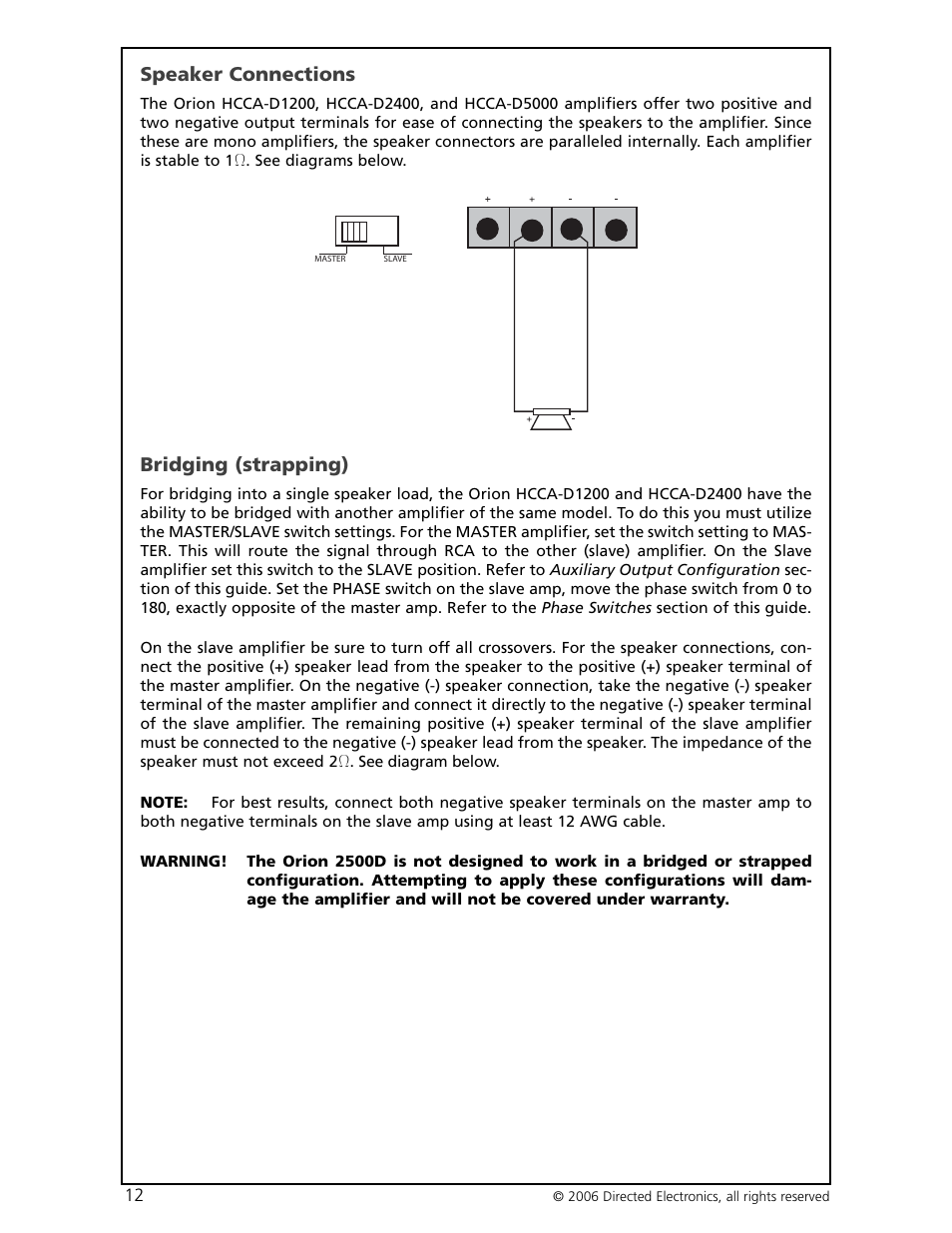 Speaker connections, Bridging (strapping) | Directed Electronics HCCA-D1200 User Manual | Page 13 / 24
