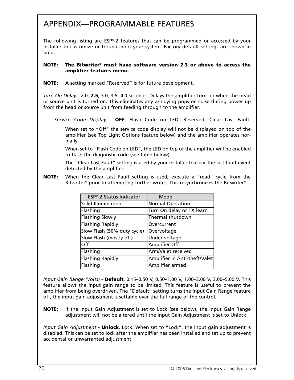 Appendix—programmable features | Directed Electronics HCCA-D1200 User Manual | Page 21 / 24