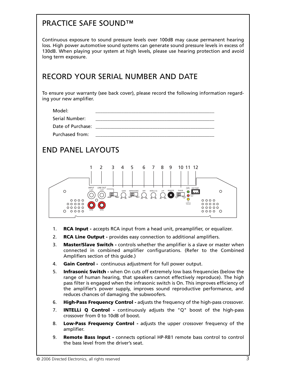 Practice safe sound, Record your serial number and date, End panel layouts | Directed Electronics HCCA-D1200 User Manual | Page 4 / 24