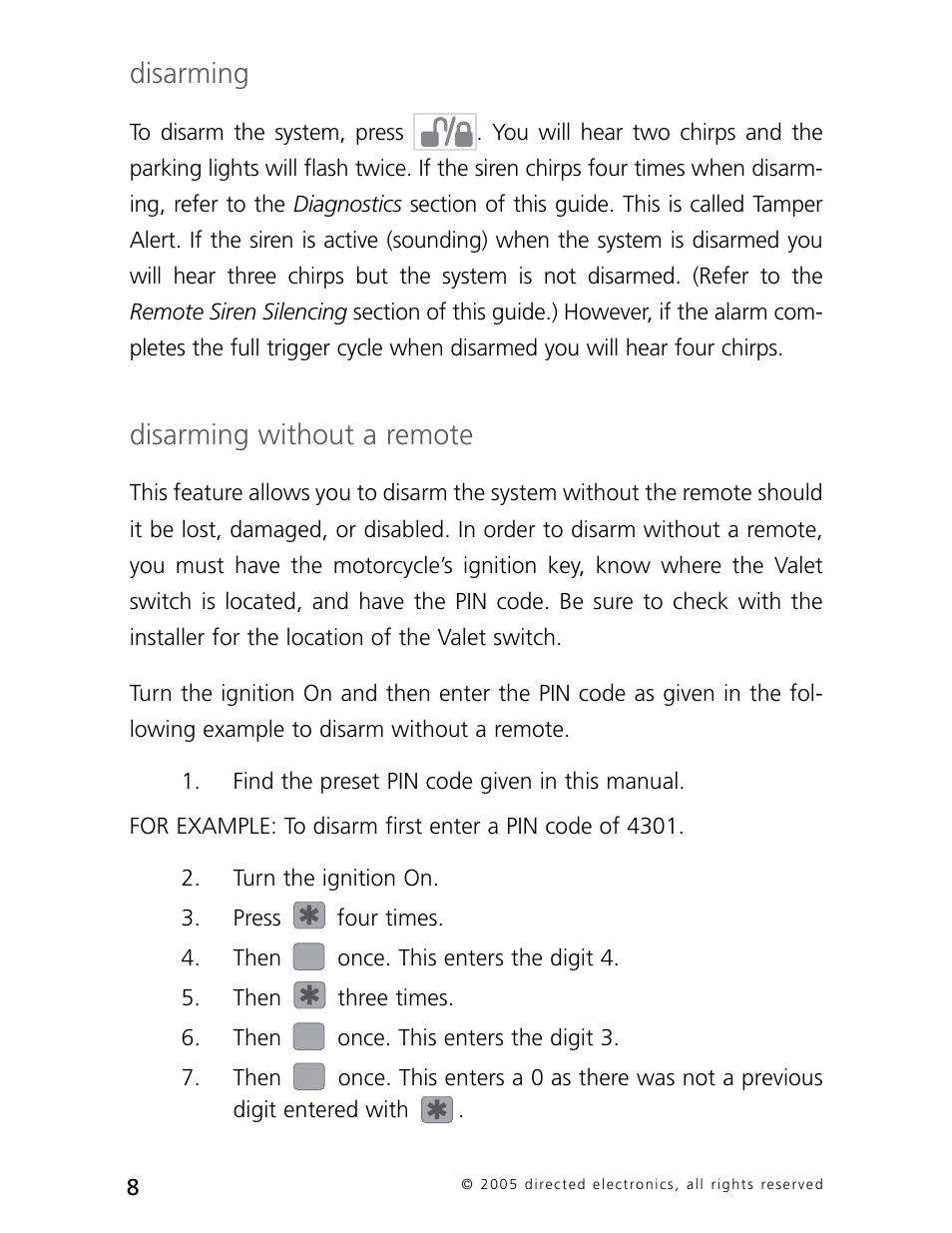 Disarming, Disarming without a remote | Directed Electronics 3000 User Manual | Page 11 / 38
