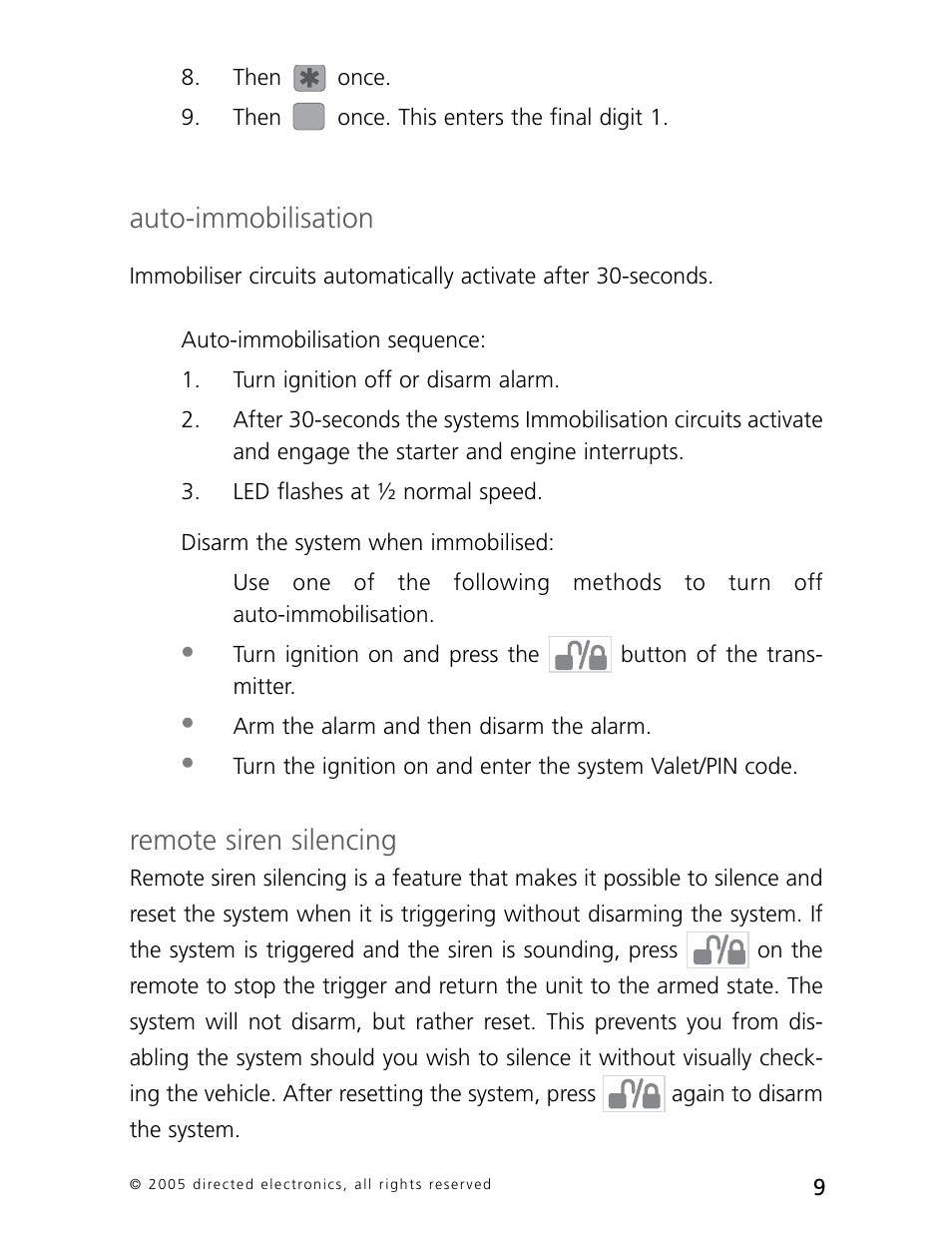 Auto-immobilisation, Remote siren silencing | Directed Electronics 3000 User Manual | Page 12 / 38