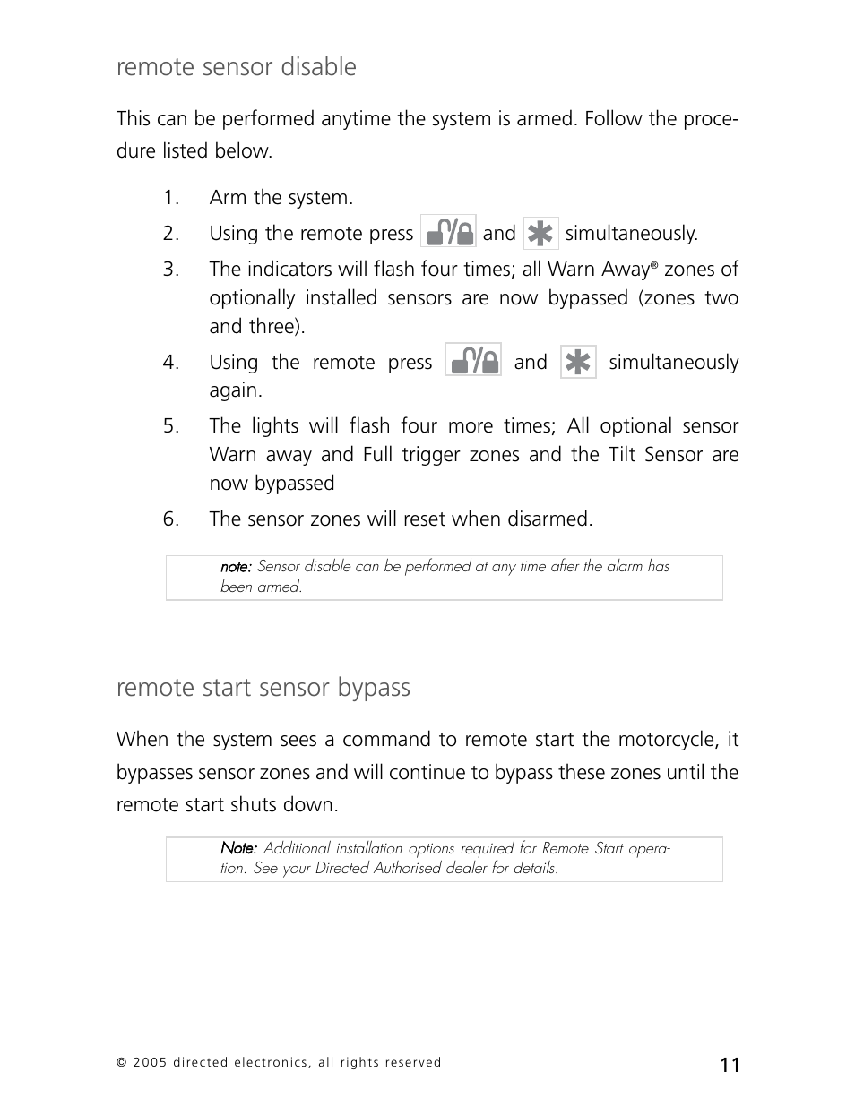 Remote sensor disable, Remote start sensor bypass | Directed Electronics 3000 User Manual | Page 14 / 38