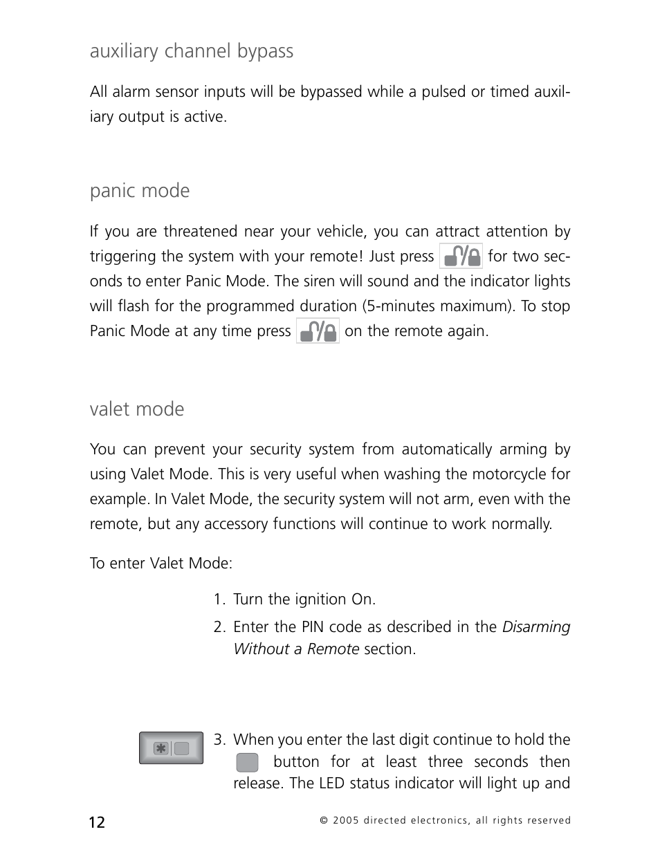 Auxiliary channel bypass, Panic mode, Valet mode | Directed Electronics 3000 User Manual | Page 15 / 38