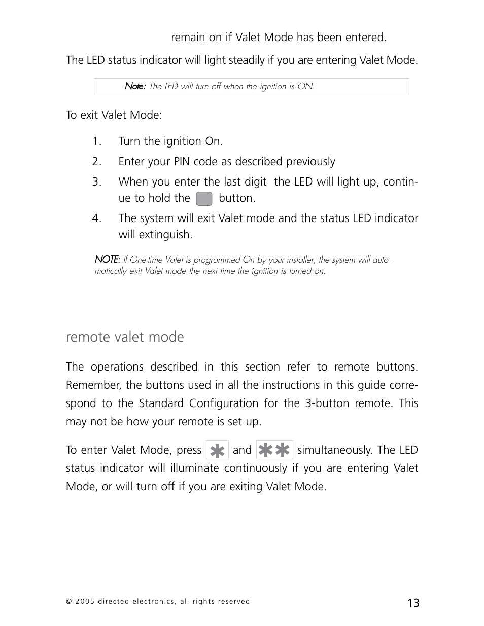 Remote valet mode | Directed Electronics 3000 User Manual | Page 16 / 38
