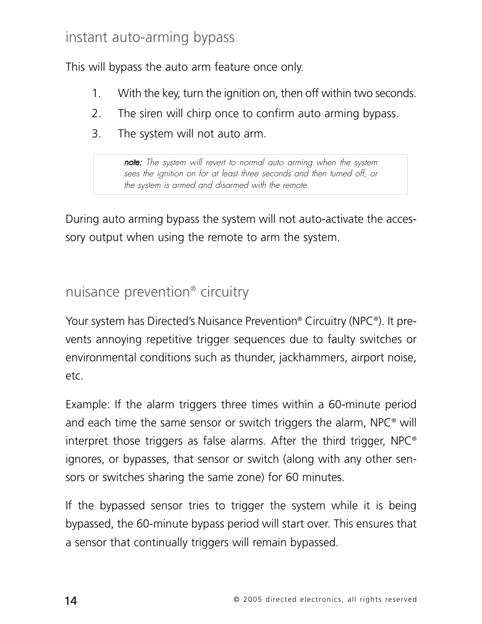 Instant auto-arming bypass, Nuisance prevention, Circuitry | Directed Electronics 3000 User Manual | Page 17 / 38