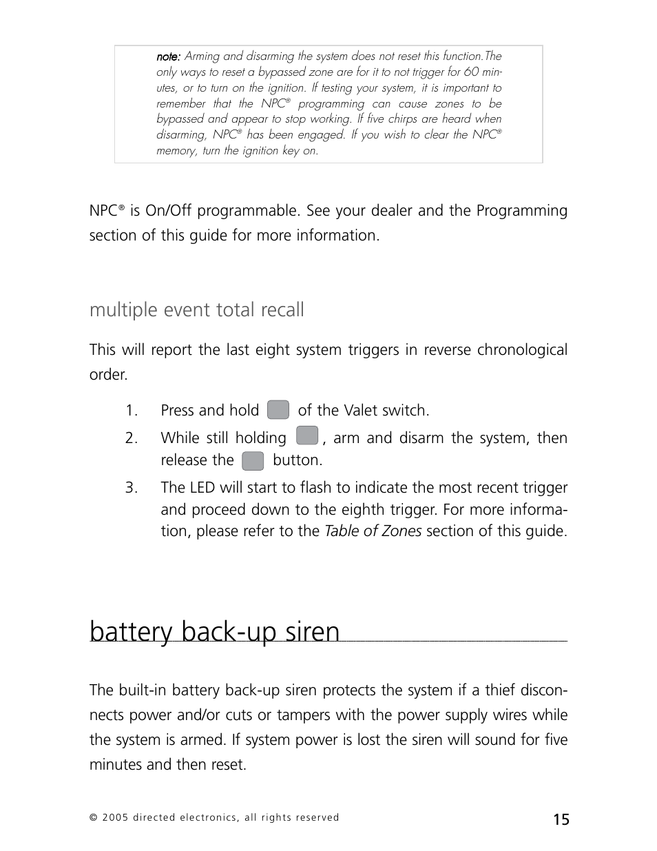 Battery back-up siren, Multiple event total recall | Directed Electronics 3000 User Manual | Page 18 / 38
