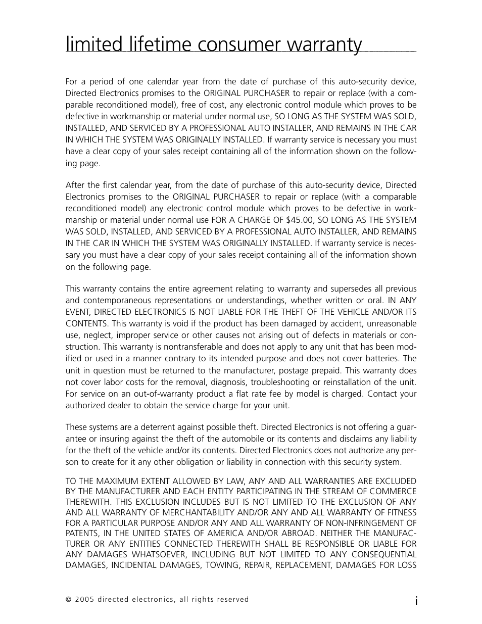 Limited lifetime consumer warranty | Directed Electronics 3000 User Manual | Page 2 / 38