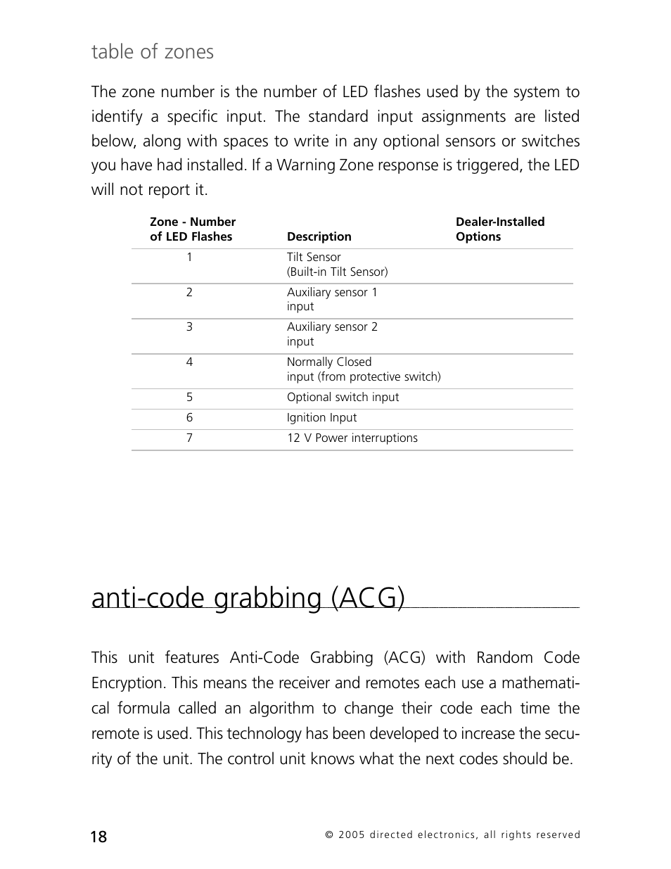 Anti-code grabbing (acg), Table of zones | Directed Electronics 3000 User Manual | Page 21 / 38