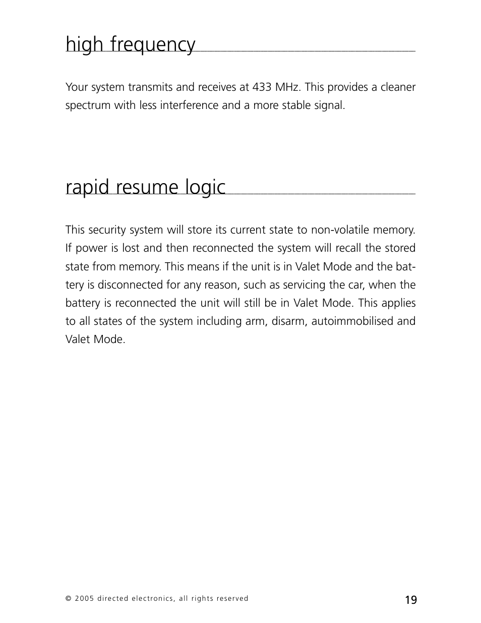 High frequency, Rapid resume logic | Directed Electronics 3000 User Manual | Page 22 / 38