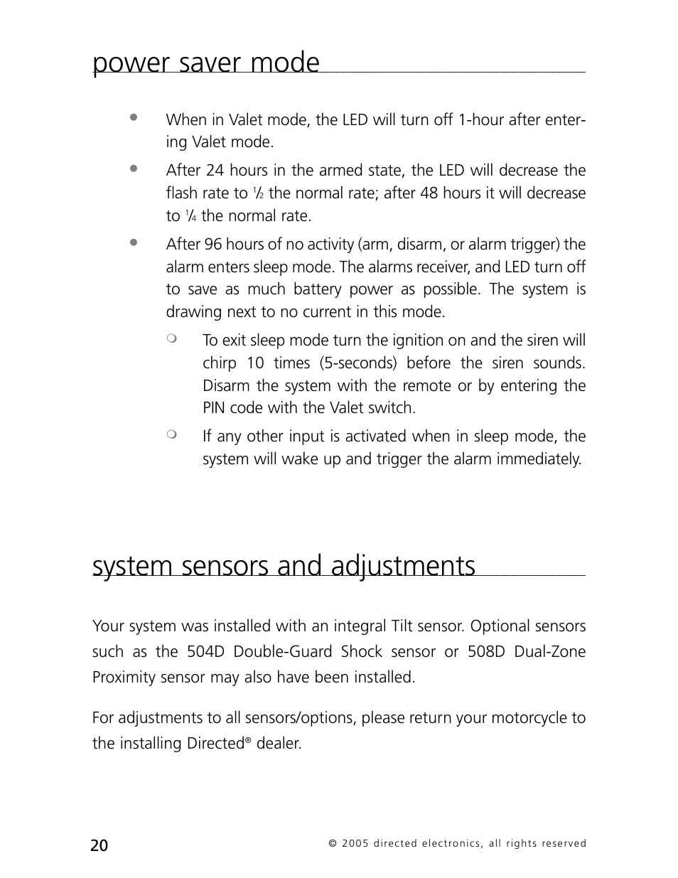Power saver mode, System sensors and adjustments | Directed Electronics 3000 User Manual | Page 23 / 38