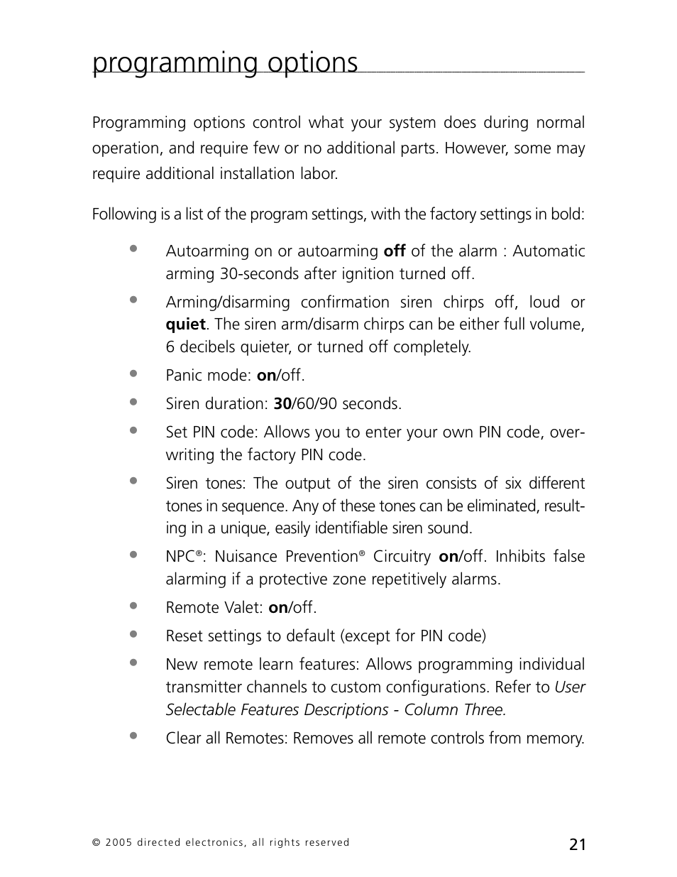 Programming options | Directed Electronics 3000 User Manual | Page 24 / 38