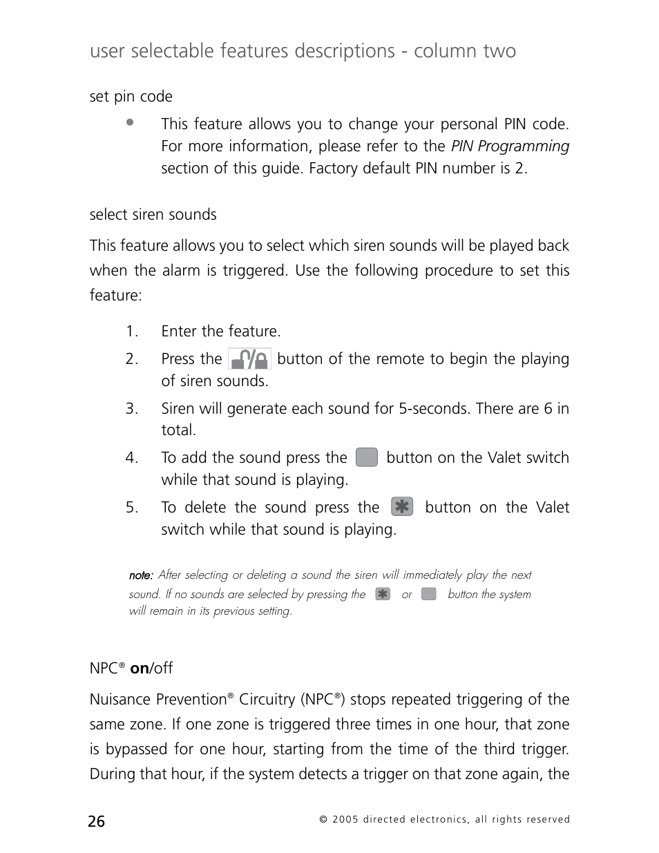User selectable features descriptions - column two | Directed Electronics 3000 User Manual | Page 29 / 38