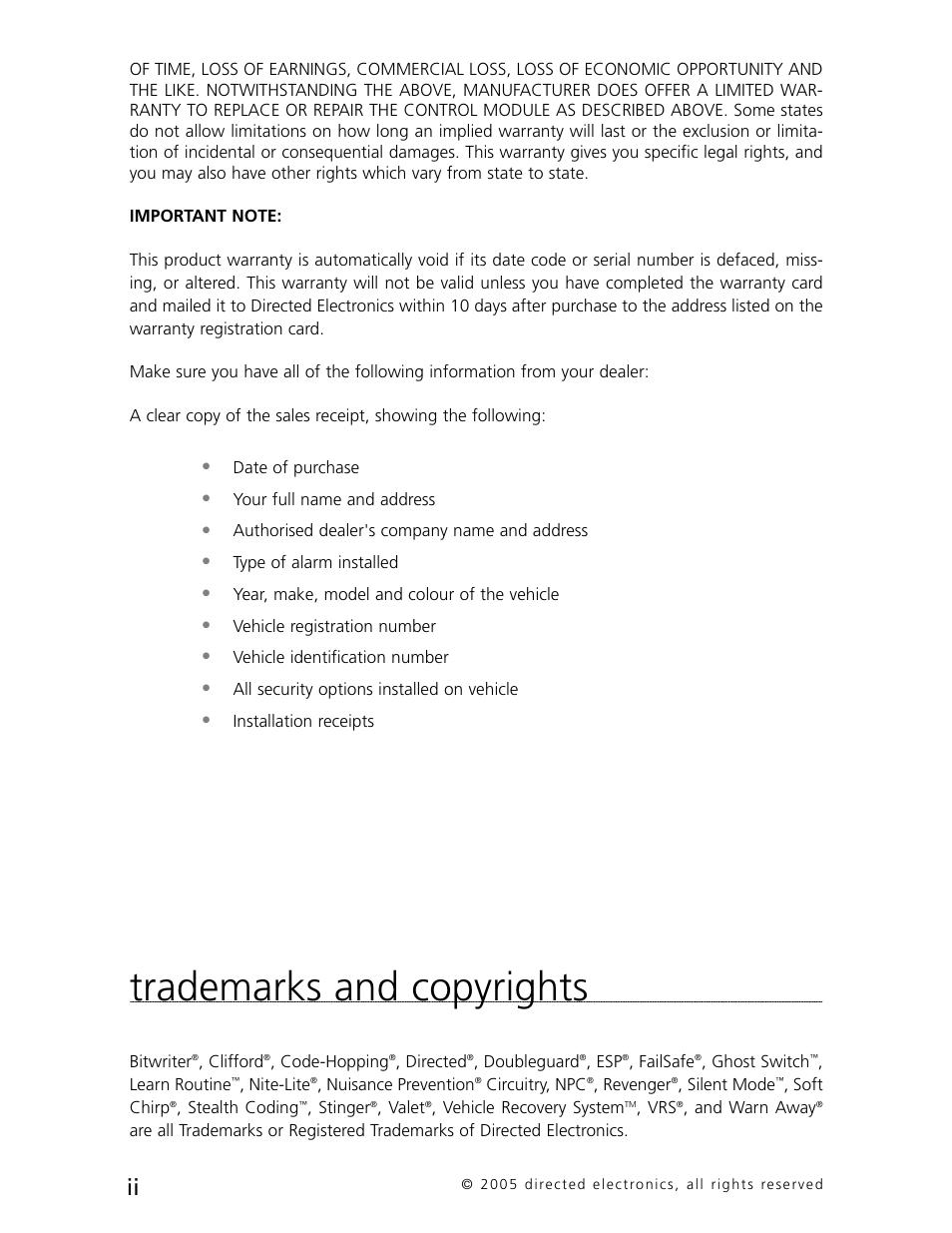 Trademarks and copyrights | Directed Electronics 3000 User Manual | Page 3 / 38