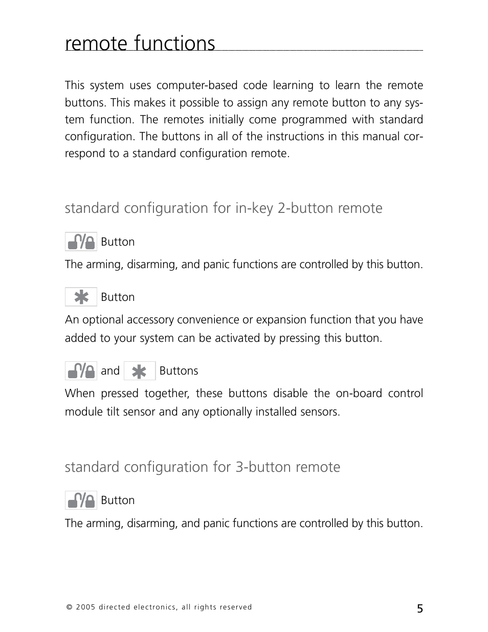 Remote functions, Standard configuration for in-key 2-button remote, Standard configuration for 3-button remote | Directed Electronics 3000 User Manual | Page 8 / 38