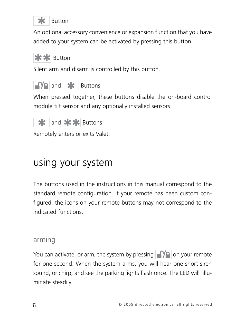 Using your system, Arming | Directed Electronics 3000 User Manual | Page 9 / 38