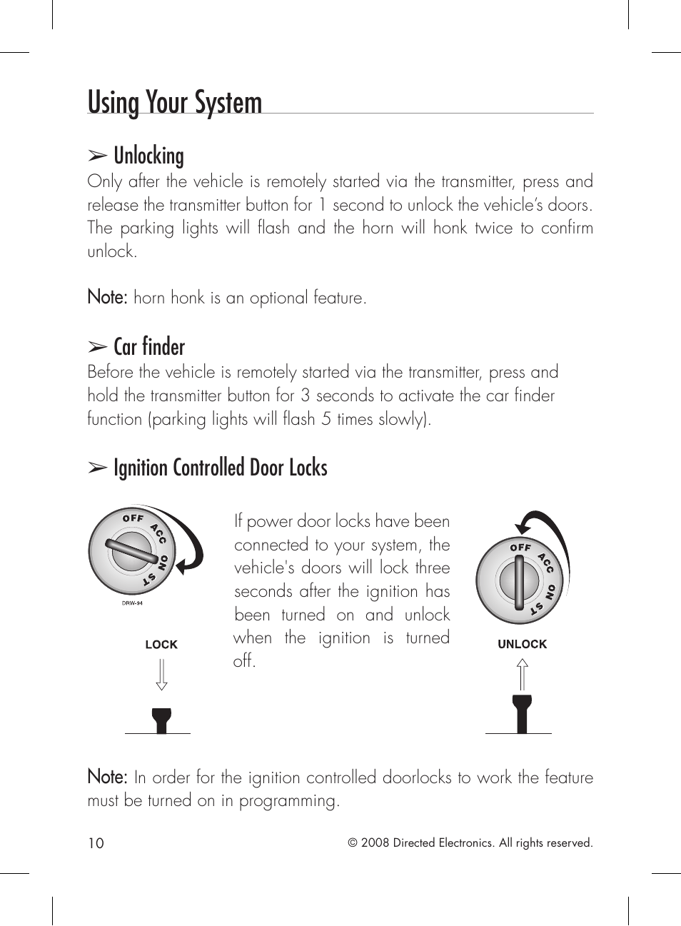 Using your system, Unlocking, Car finder | Ignition controlled door locks | Directed Electronics 4113 User Manual | Page 10 / 20