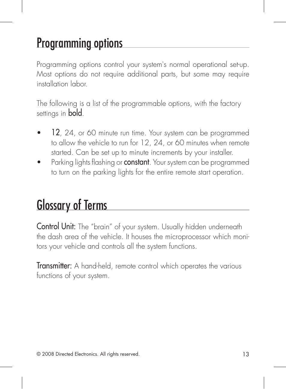 Programming options, Glossary of terms | Directed Electronics 4113 User Manual | Page 13 / 20