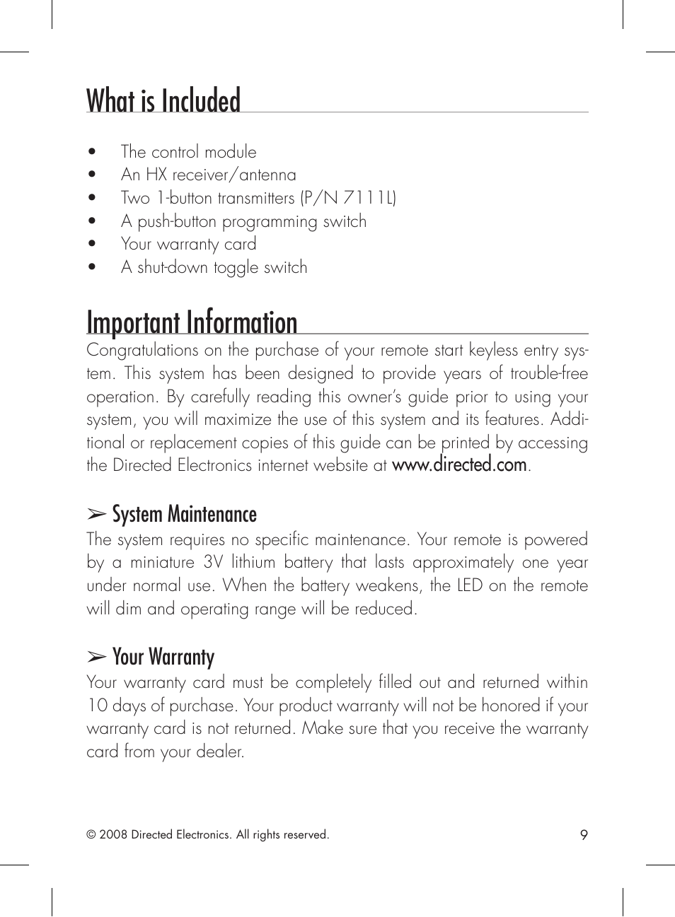 What is included, Important information, System maintenance | Your warranty | Directed Electronics 4113 User Manual | Page 9 / 20