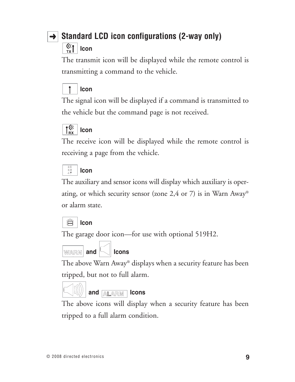 Standard lcd icon configurations (2-way only) | Directed Electronics Matrix1X User Manual | Page 14 / 51