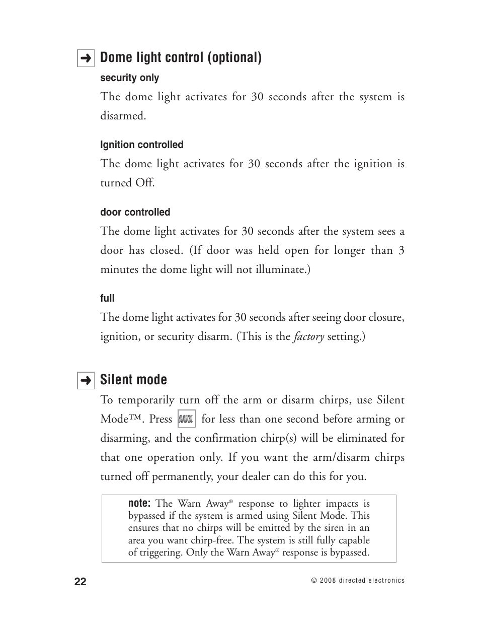 Dome light control (optional), Silent mode | Directed Electronics Matrix1X User Manual | Page 27 / 51