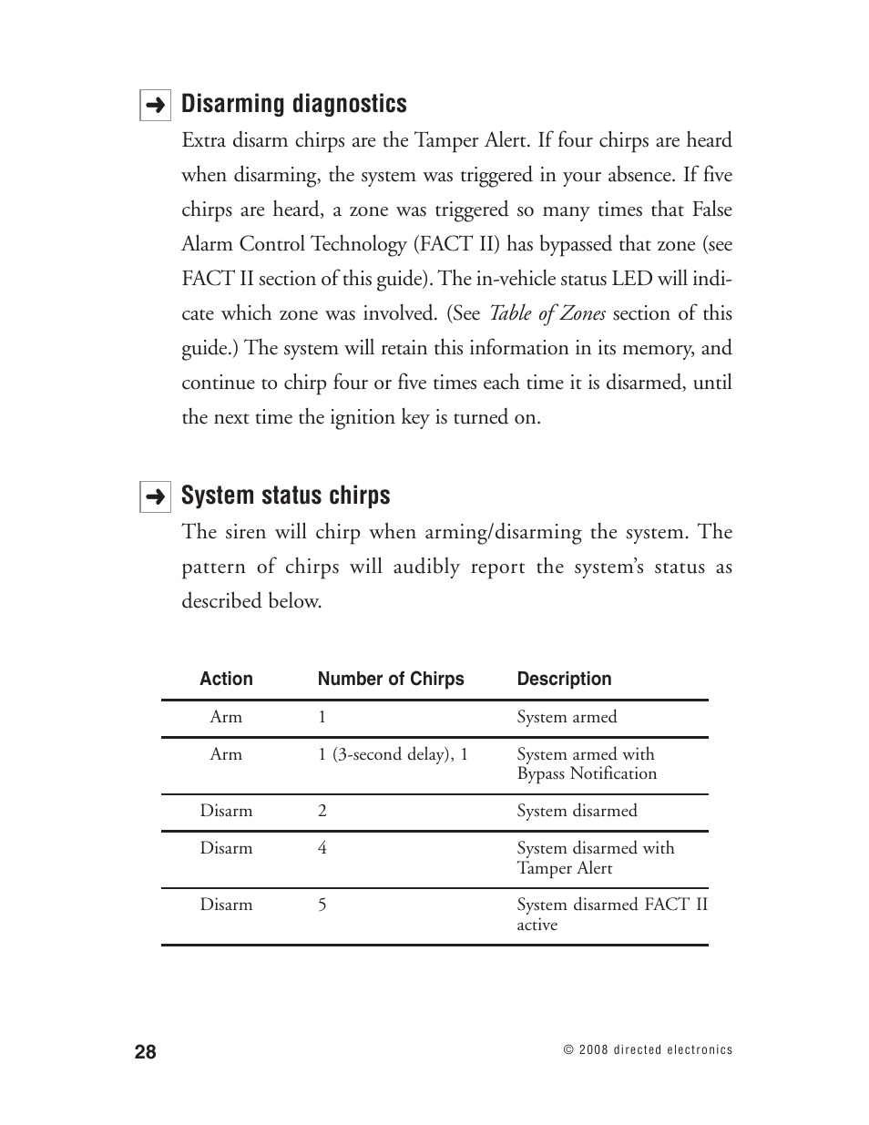 Disarming diagnostics, System status chirps | Directed Electronics Matrix1X User Manual | Page 33 / 51