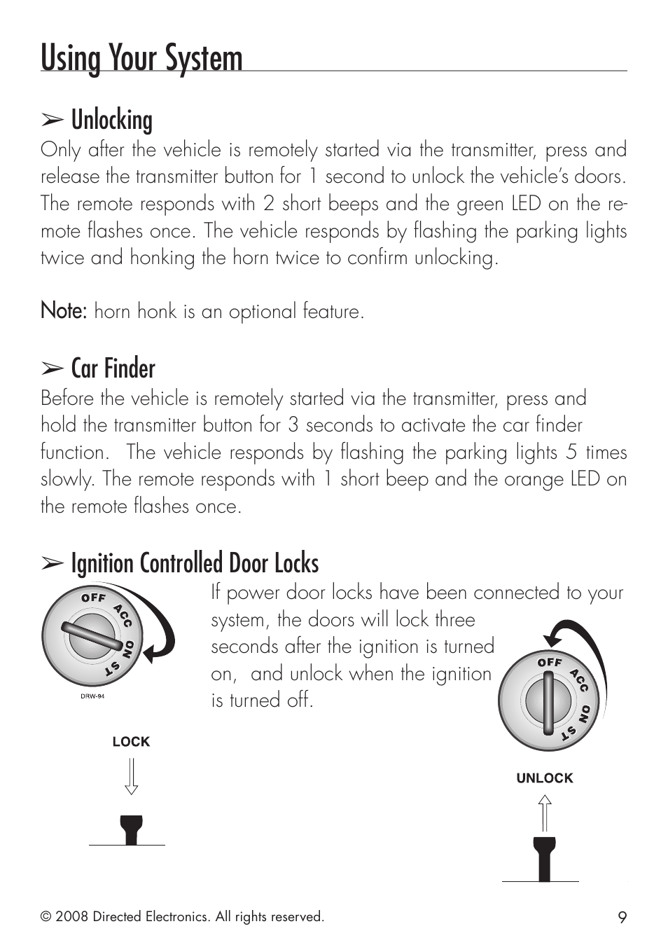 Using your system, Unlocking, Car finder | Ignition controlled door locks | Directed Electronics G4203X User Manual | Page 9 / 20