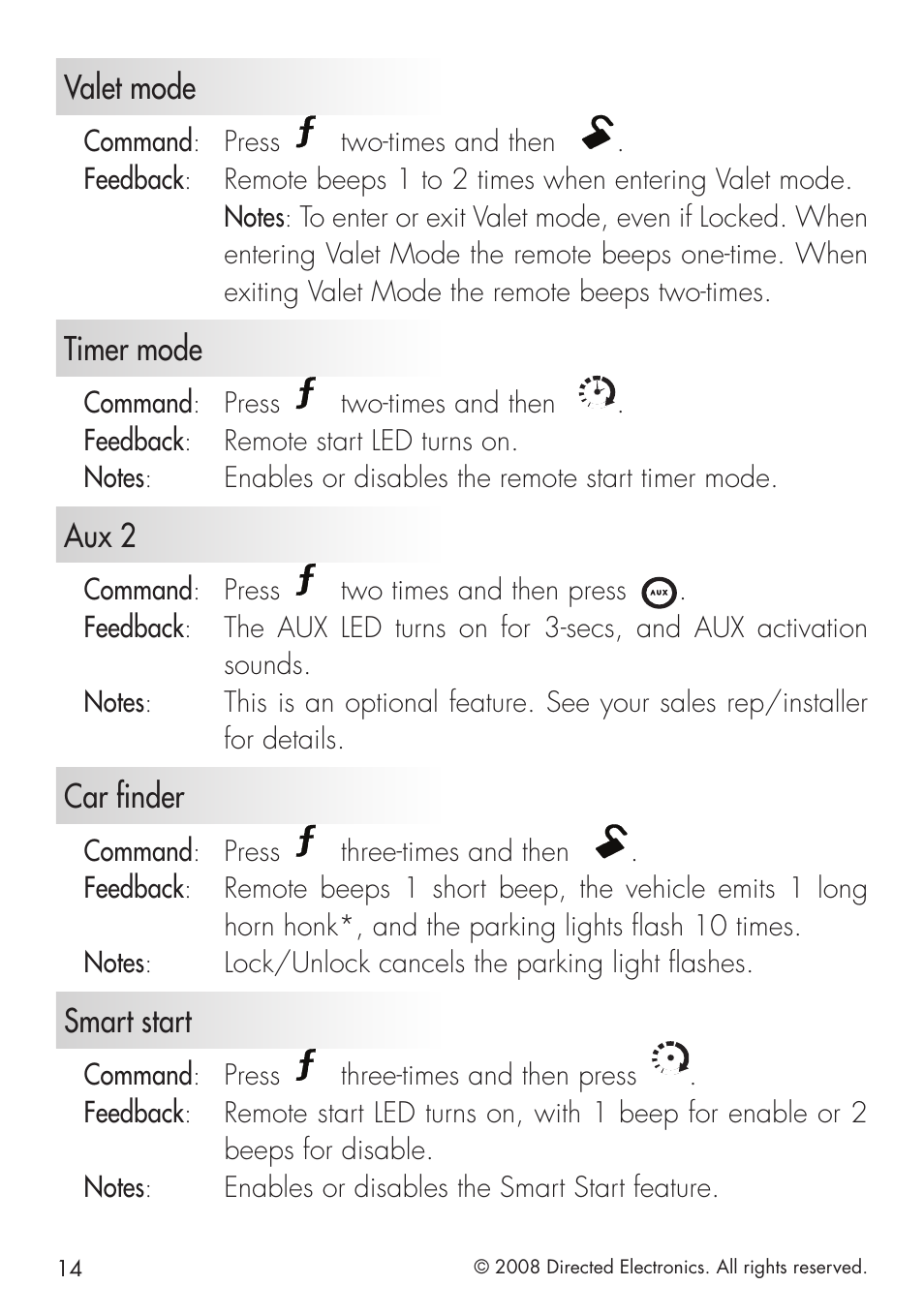 Valet mode, Timer mode, Aux 2 | Car finder, Smart start, Command, Press, Two-times and then, Feedback, Enables or disables the remote start timer mode | Directed Electronics 1.3X User Manual | Page 14 / 44
