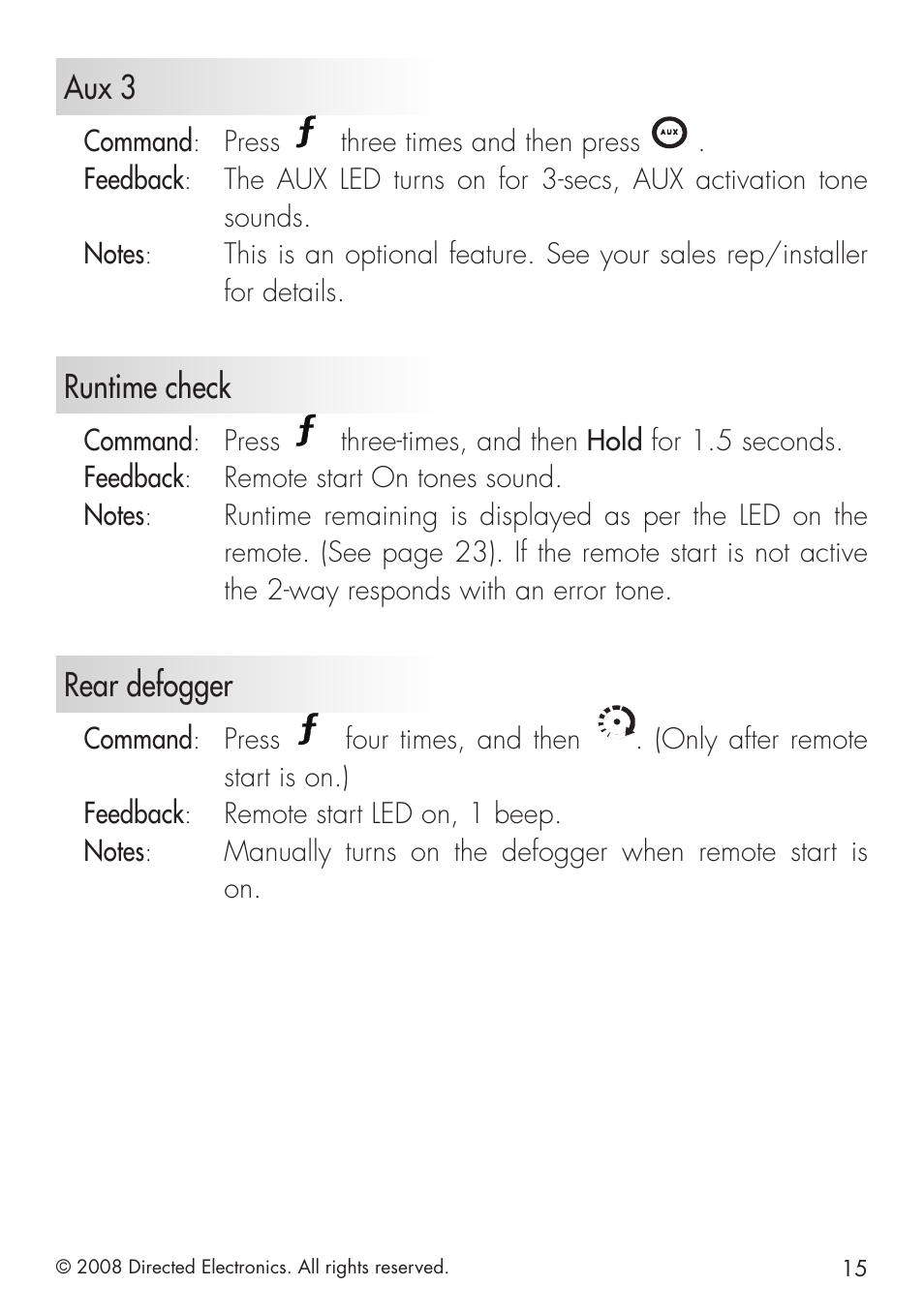 Aux 3, Runtime check, Rear defogger | Command, Press, Three times and then press, Feedback, Four times, and then, Only after remote start is on.) feedback | Directed Electronics 1.3X User Manual | Page 15 / 44