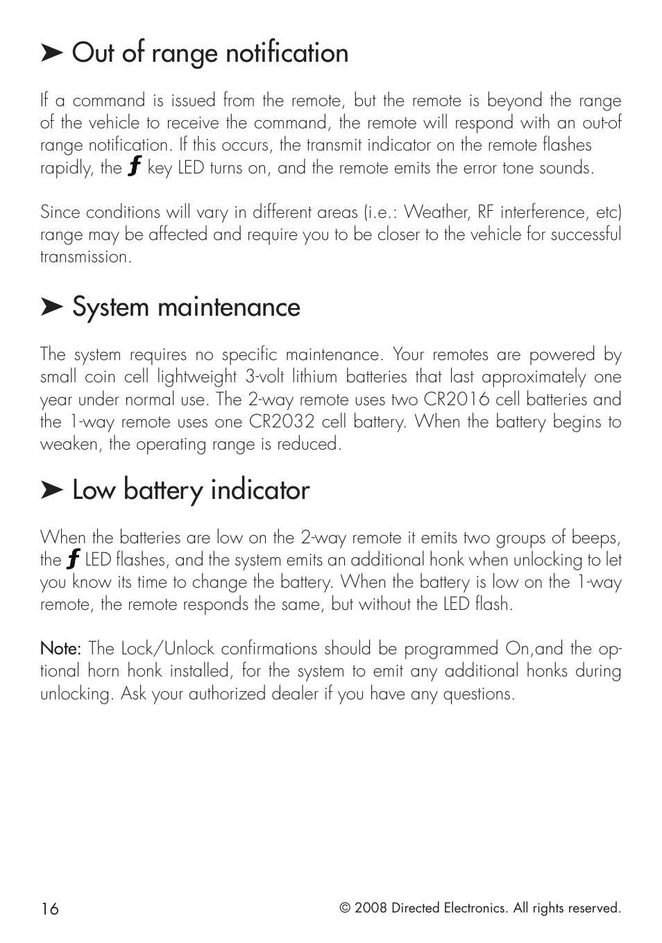 Out of range notification, System maintenance, Low battery indicator | Directed Electronics 1.3X User Manual | Page 16 / 44