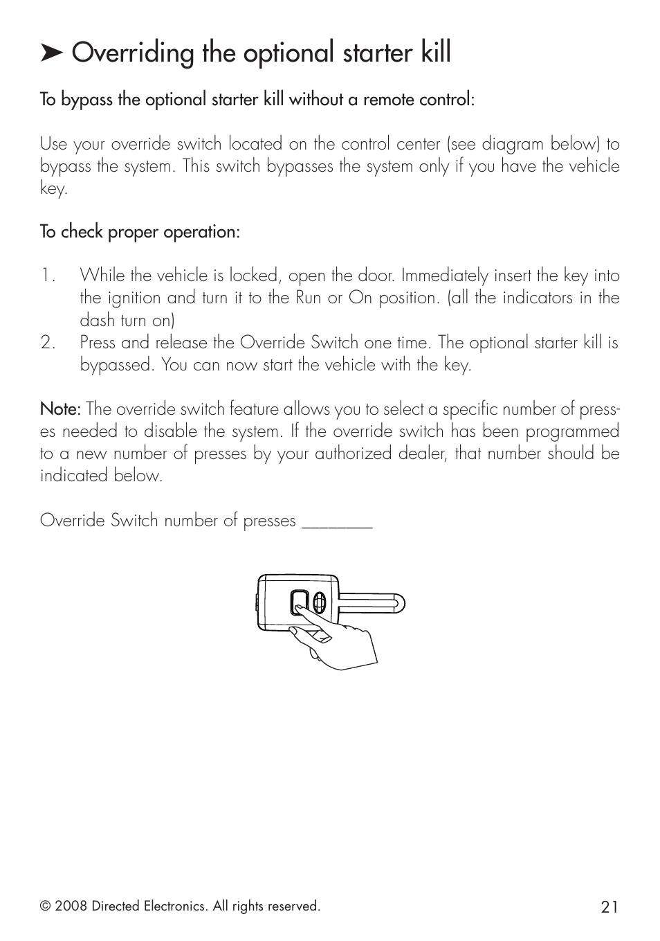 Overriding the optional starter kill | Directed Electronics 1.3X User Manual | Page 21 / 44