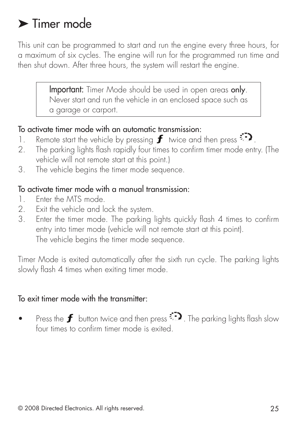 Timer mode, Important | Directed Electronics 1.3X User Manual | Page 25 / 44