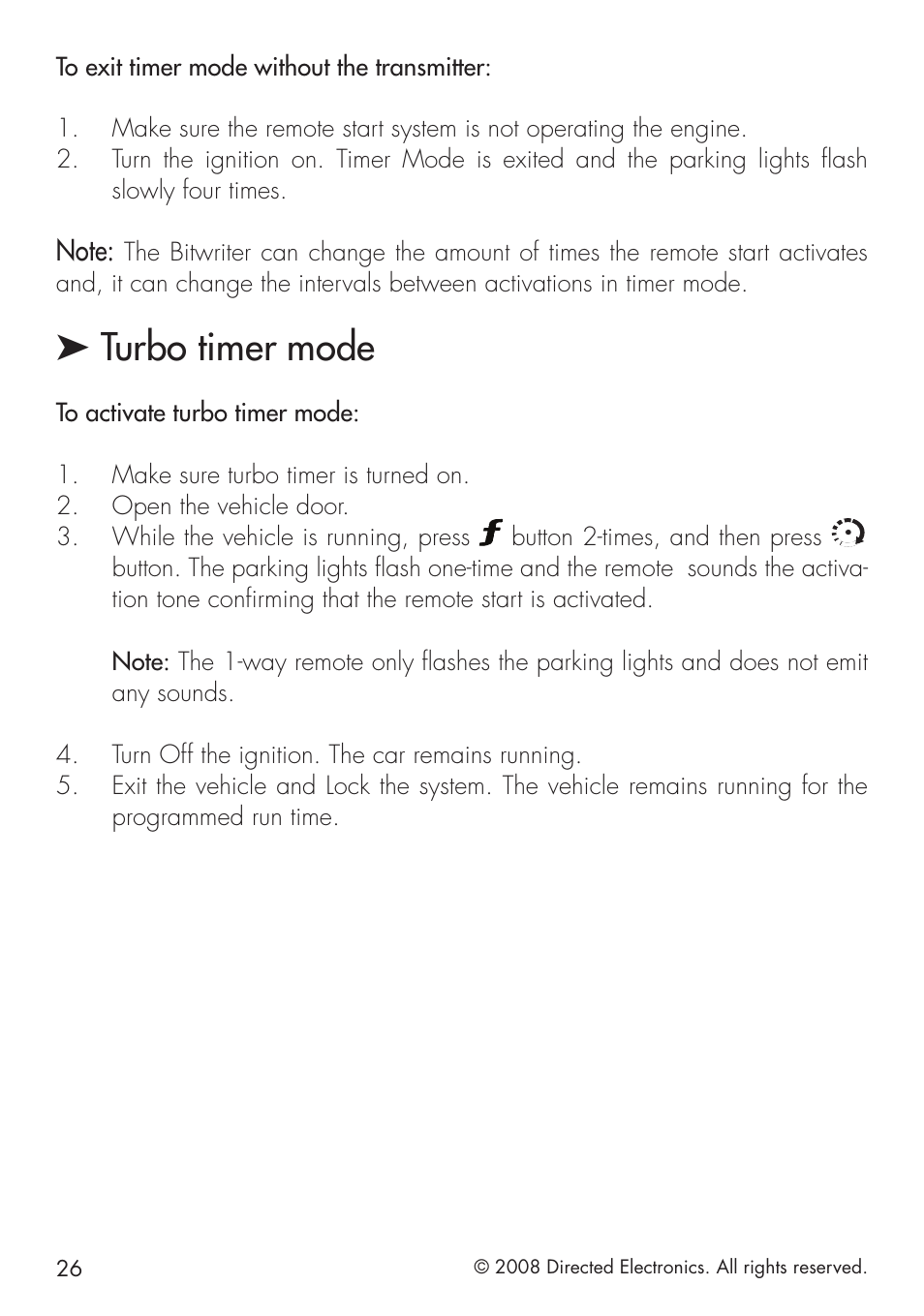 Turbo timer mode | Directed Electronics 1.3X User Manual | Page 26 / 44