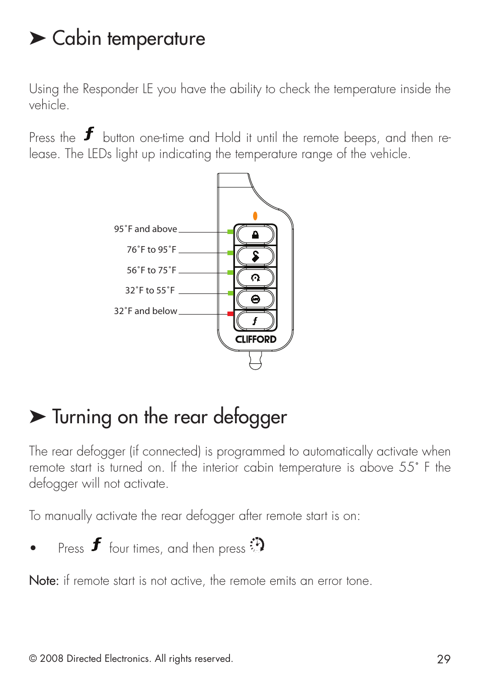 Cabin temperature, Turning on the rear defogger | Directed Electronics 1.3X User Manual | Page 29 / 44