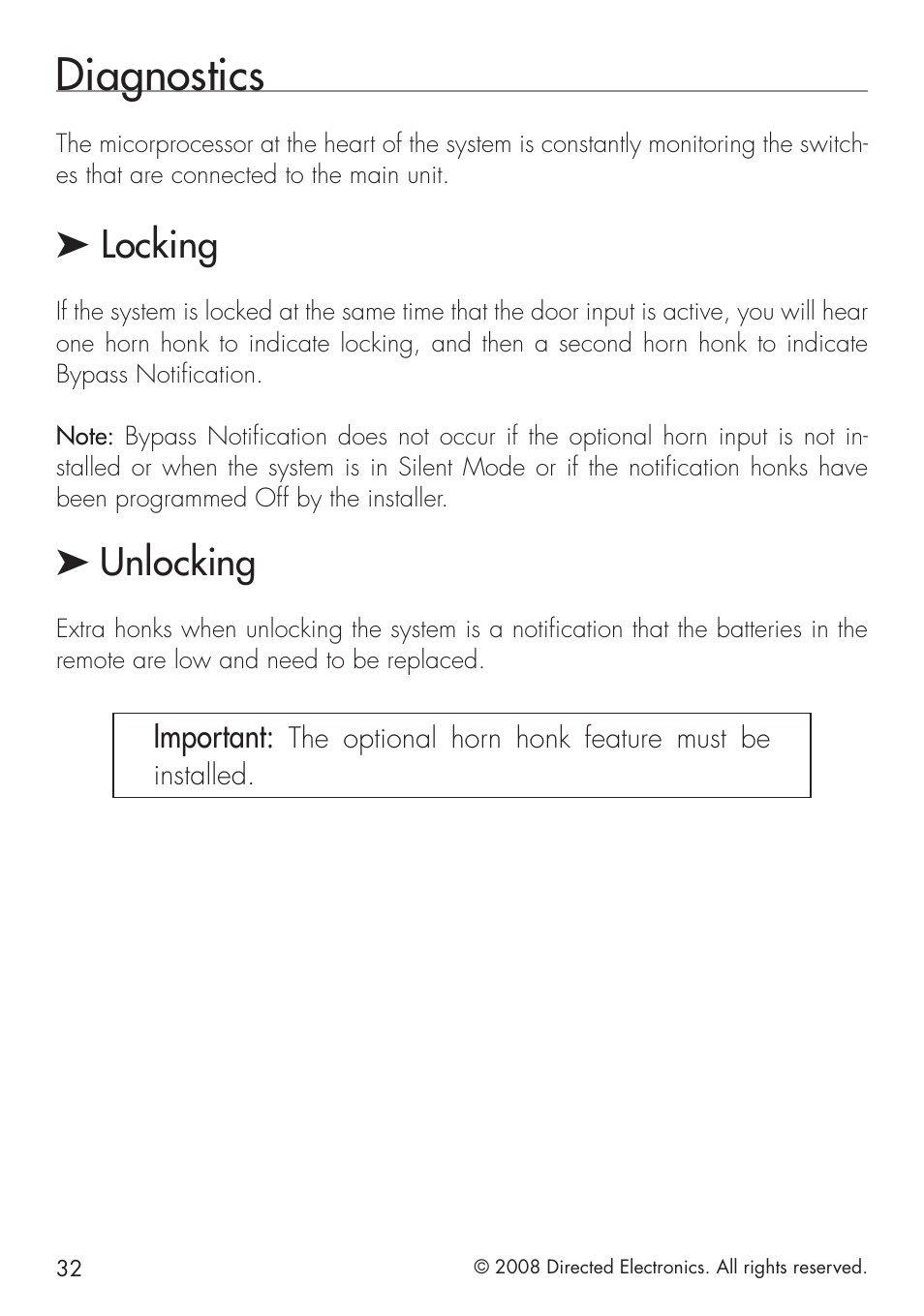 Diagnostics, Locking, Unlocking | Important | Directed Electronics 1.3X User Manual | Page 32 / 44