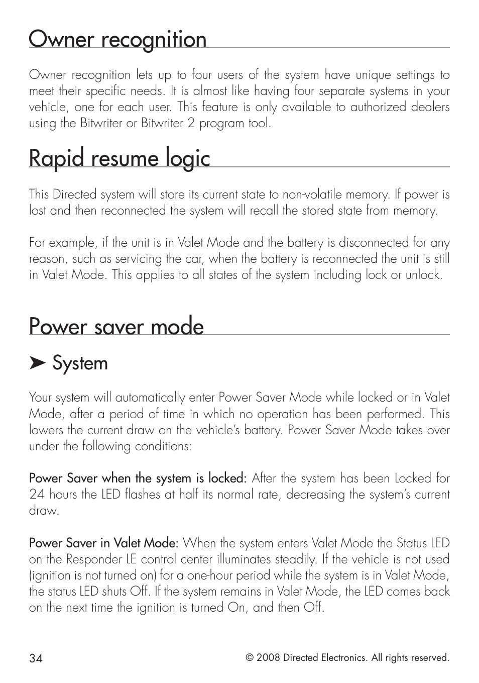 Owner recognition, Rapid resume logic, Power saver mode | System | Directed Electronics 1.3X User Manual | Page 34 / 44