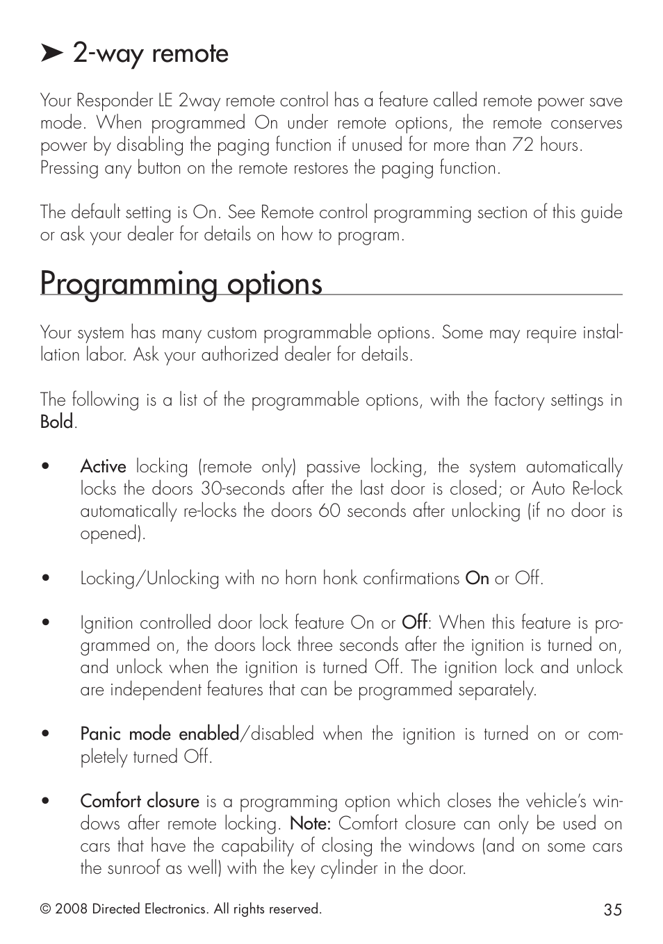 Programming options, Way remote | Directed Electronics 1.3X User Manual | Page 35 / 44