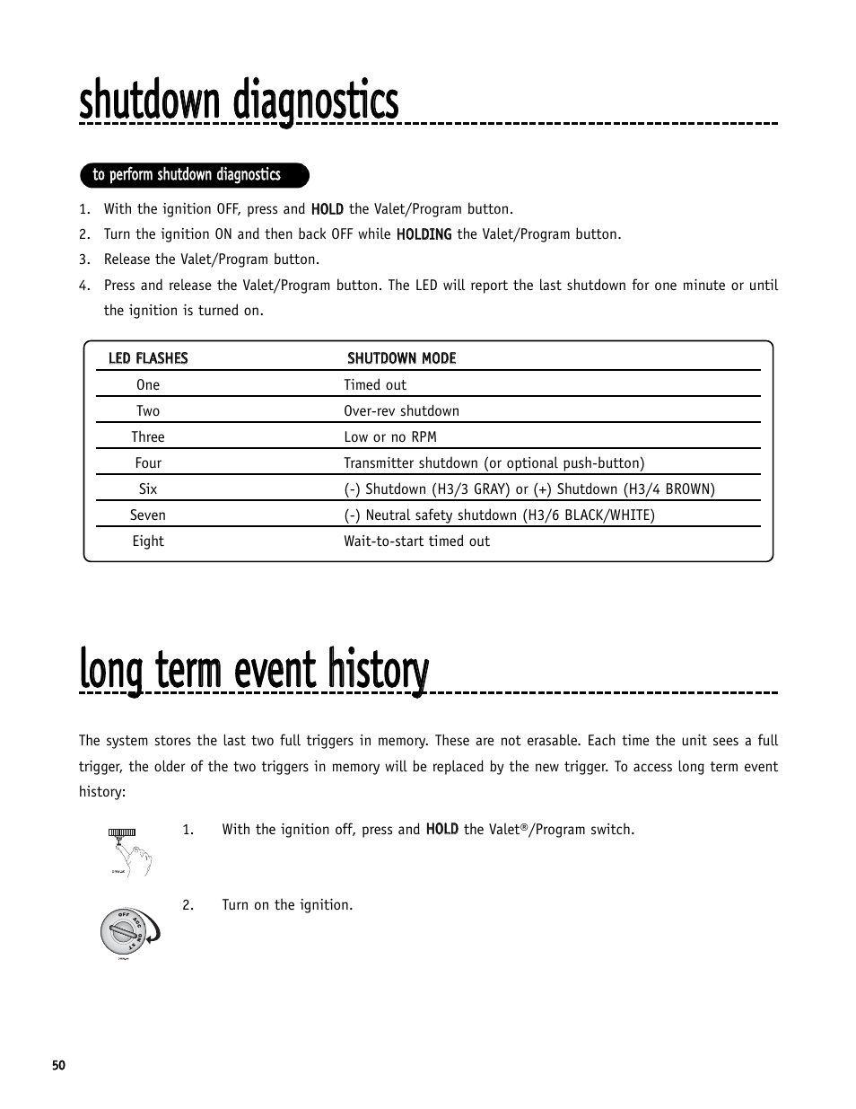 Sshhuuttddoowwnn ddiiaaggnnoossttiiccss, Lloonngg tteerrm m eevveenntt hhiissttoorryy | Directed Electronics SR6000 User Manual | Page 50 / 57