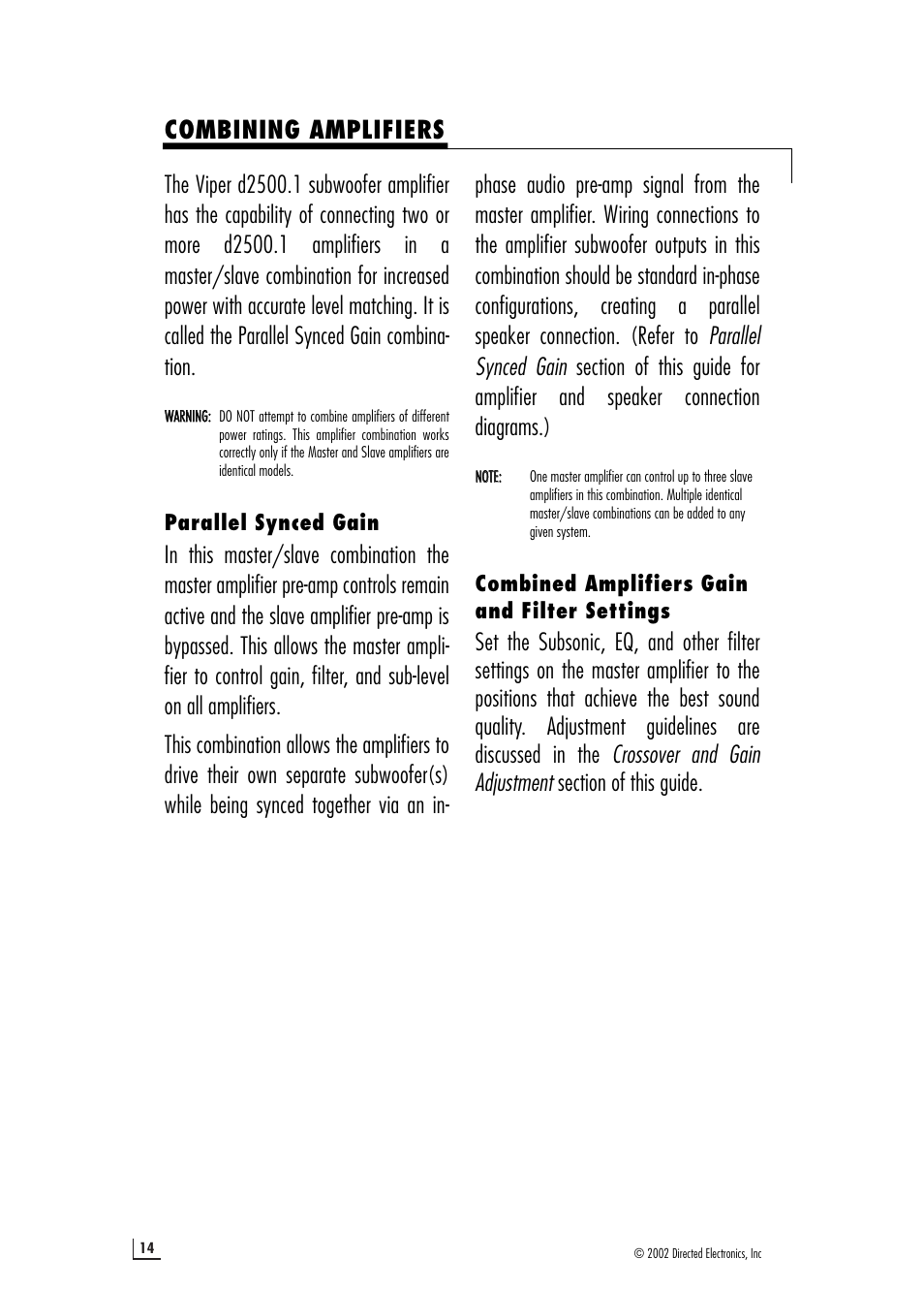 Combining amplifiers | Directed Electronics 64601910 d2500.1 User Manual | Page 14 / 20