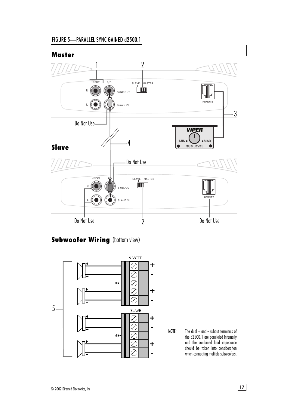Subwoofer wiring (bottom view), Master slave, Do not use | Directed Electronics 64601910 d2500.1 User Manual | Page 17 / 20