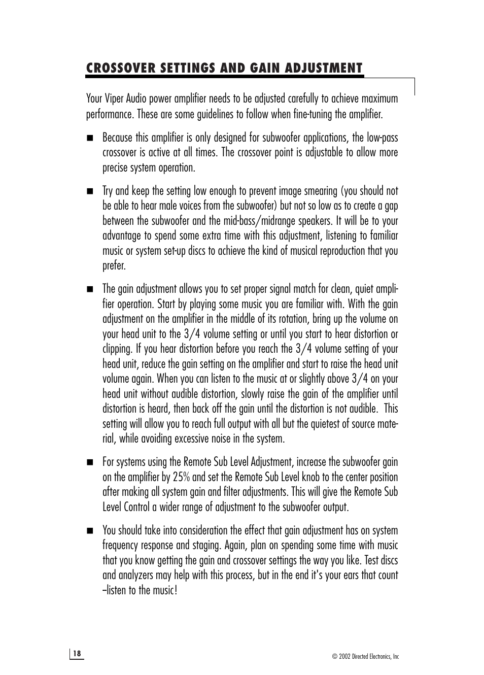 Crossover settings and gain adjustment | Directed Electronics 64601910 d2500.1 User Manual | Page 18 / 20
