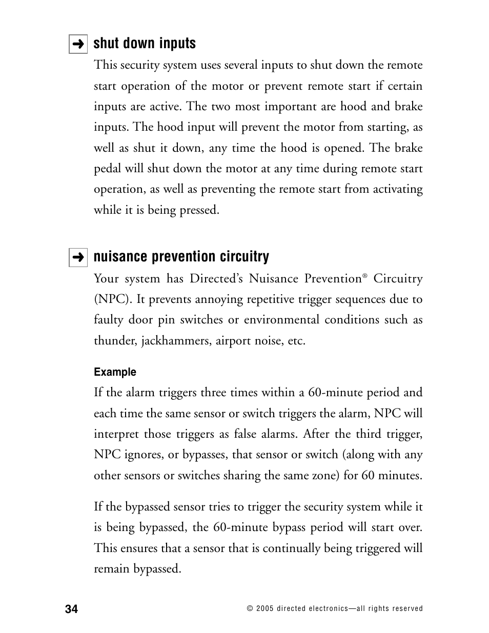 Shut down inputs, Nuisance prevention circuitry | Directed Electronics 881XP User Manual | Page 37 / 57