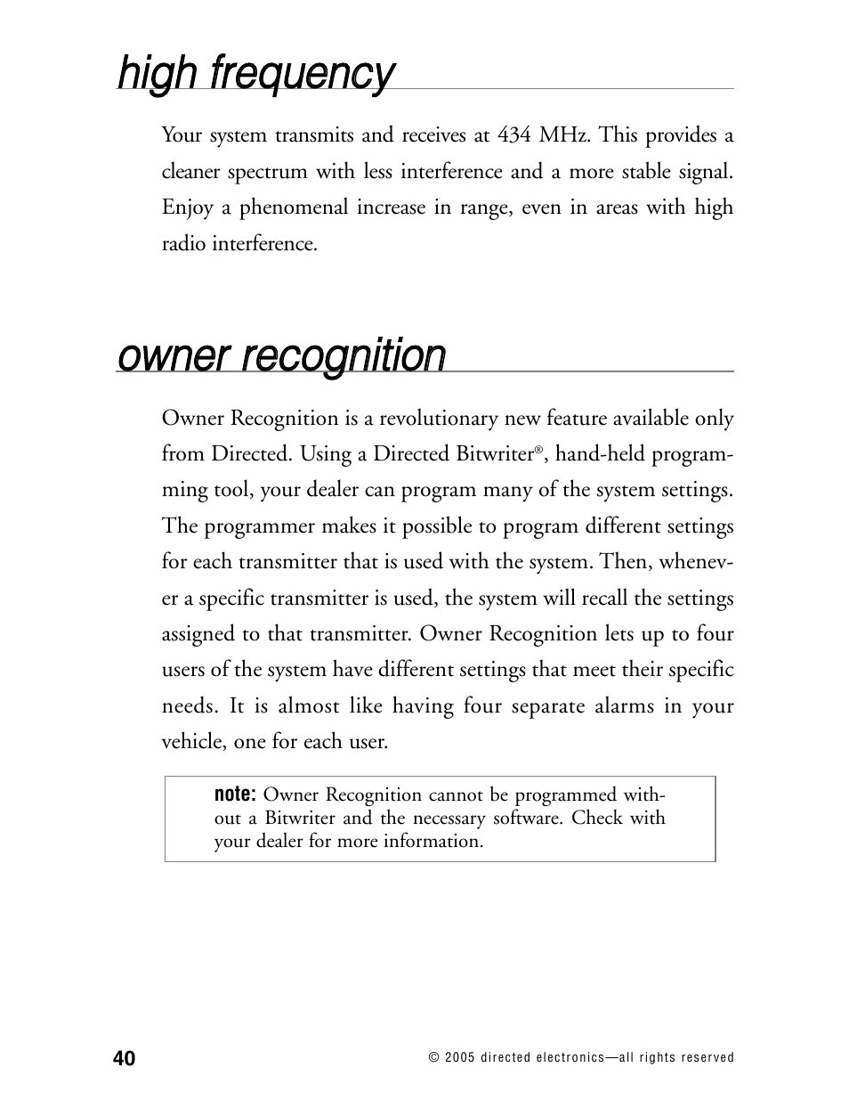 Hhiig gh h ffrre eq qu ue en nc cyy, Oow wn ne err rre ec co og gn niittiio on n | Directed Electronics 881XP User Manual | Page 43 / 57