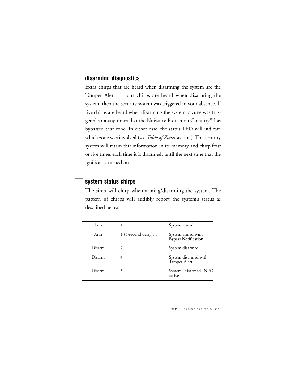 Disarming diagnostics, System status chirps | Directed Electronics 563T User Manual | Page 29 / 45