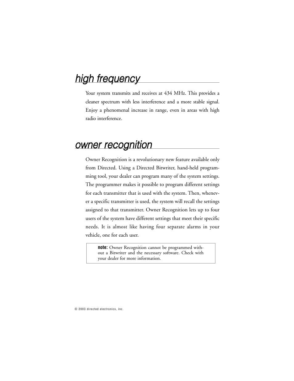 Hhiig gh h ffrre eq qu ue en nc cyy, Oow wn ne err rre ec co og gn niittiio on n | Directed Electronics 563T User Manual | Page 32 / 45