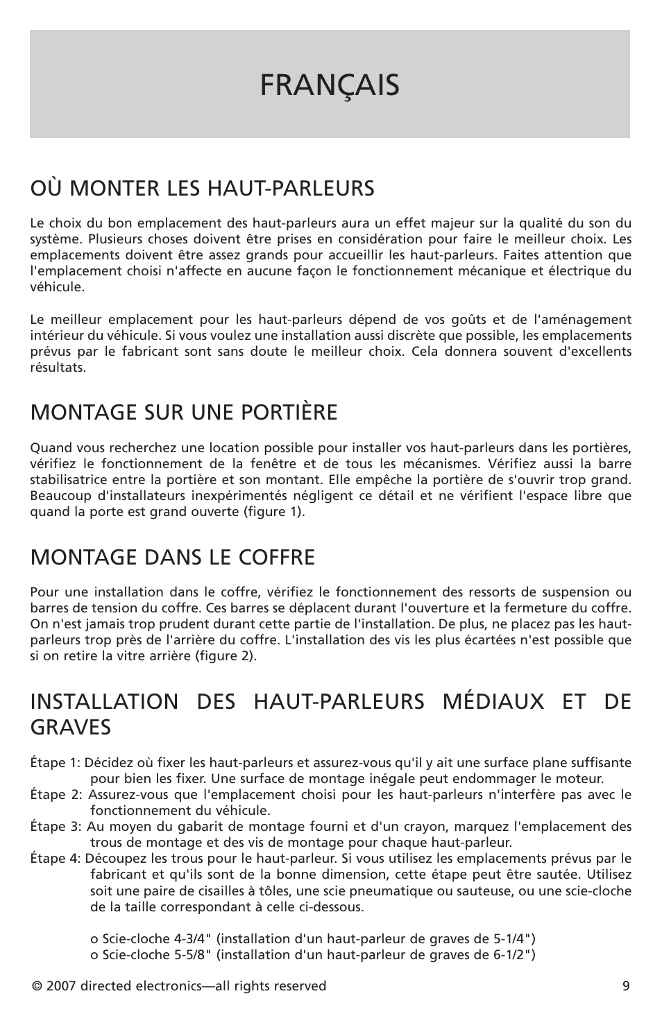 Français, Où monter les haut-parleurs, Montage sur une portière | Montage dans le coffre | Directed Electronics CO652 User Manual | Page 10 / 25